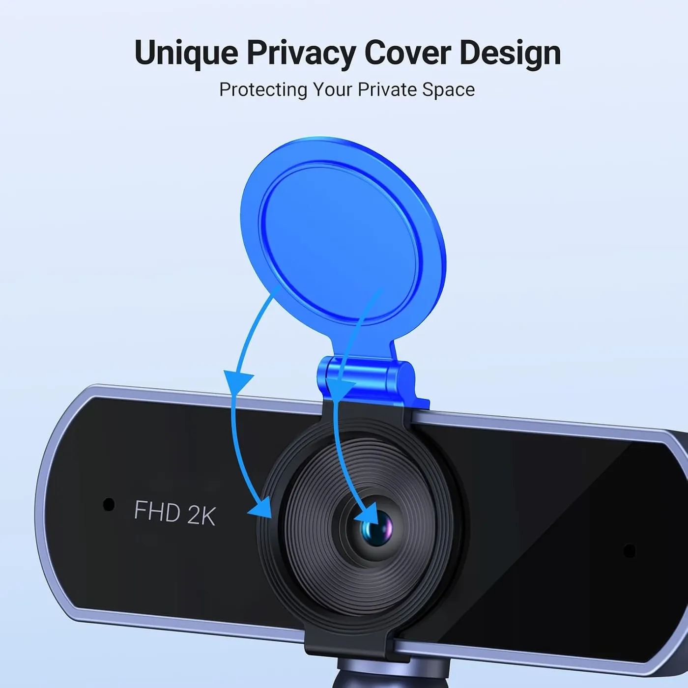 UGREEN 2K Webcam close-up infographic with arrows showing the privacy cover swinging down over the lens