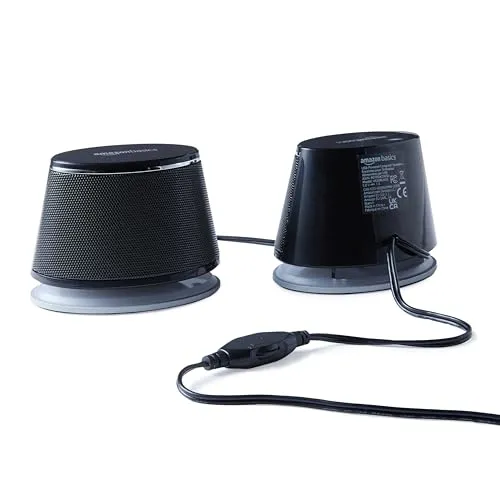 Amazon Basics USB Plug-n-Play Computer 2 Speakers for PC or Laptop, Black - Set of 2 computer speaker - side view