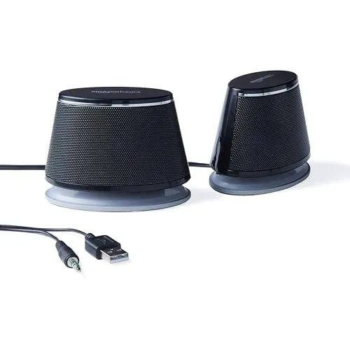 Amazon Basics USB Plug-n-Play Computer 2 Speakers for PC or Laptop, Black - Set of 2 computer speaker - in use