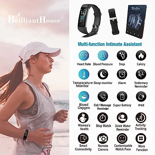 BrilliantHouse Fitness Tracker with Blood Pressure Heart Rate Blood Oxygen Monitor, Activity Tracker Sleep Monitor, Smart
