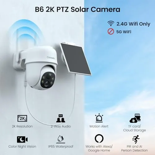 Cinnado 2K Cameras for Home Security-2.4G WiFi Outdoor Camera Wireless Solar/Battery Powered, 360° Viewing, Human Detection,