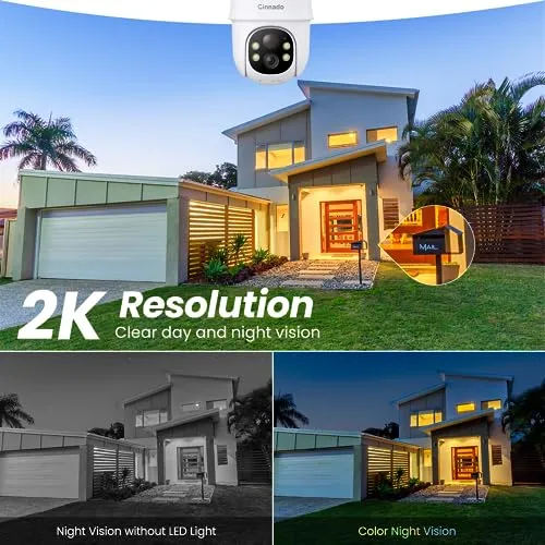 Cinnado 2K Cameras for Home Security-2.4G WiFi Outdoor Camera Wireless Solar/Battery Powered, 360° Viewing, Human Detection,