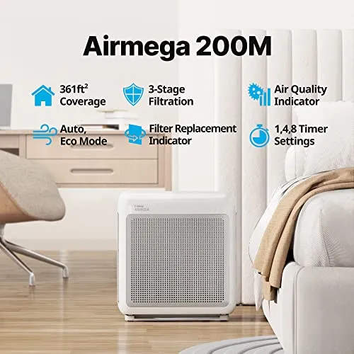 Coway Airmega 200M True HEPA and Activated-Carbon Air Purifier, AP-1518R - White air purifier - side view