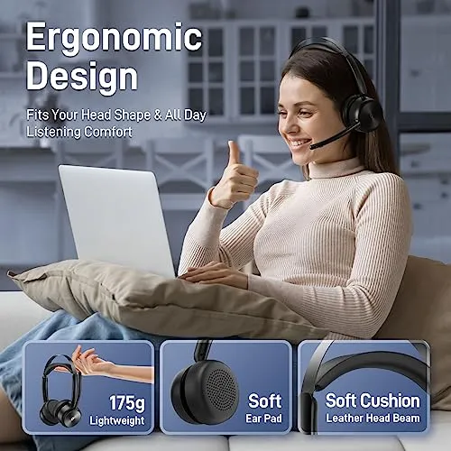 EMEET Wireless Headset, HS80 Bluetooth Headset with Noise Canceling Microphone, 46 hrs Work Time, Charging Base, Mute