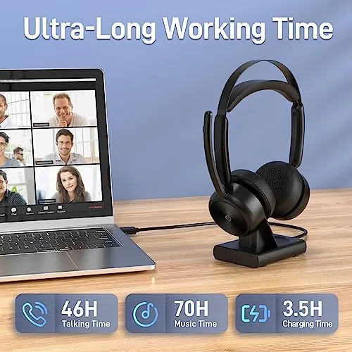 EMEET Wireless Headset, HS80 Bluetooth Headset with Noise Canceling Microphone, 46 hrs Work Time, Charging Base, Mute