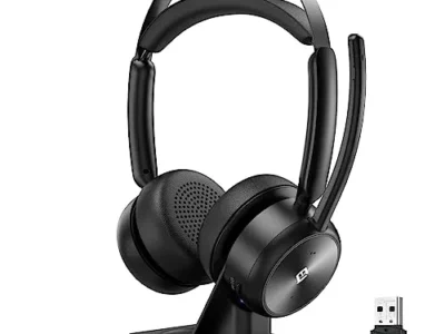EMEET Wireless Headset, HS80 Bluetooth Headset with Noise Canceling Microphone, 46 hrs Work Time, Charging Base, Mute