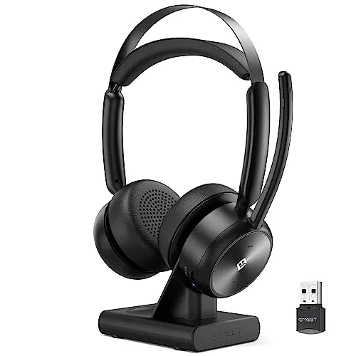 EMEET Wireless Headset, HS80 Bluetooth Headset with Noise Canceling Microphone, 46 hrs Work Time, Charging Base, Mute