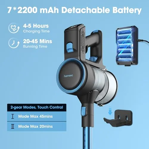 HAIMEEC Cordless Vacuum Cleaner, 6 in 1 Lightweight Stick Vacuum with LED Touch Display, Rechargeable Max 45mins Runtime for