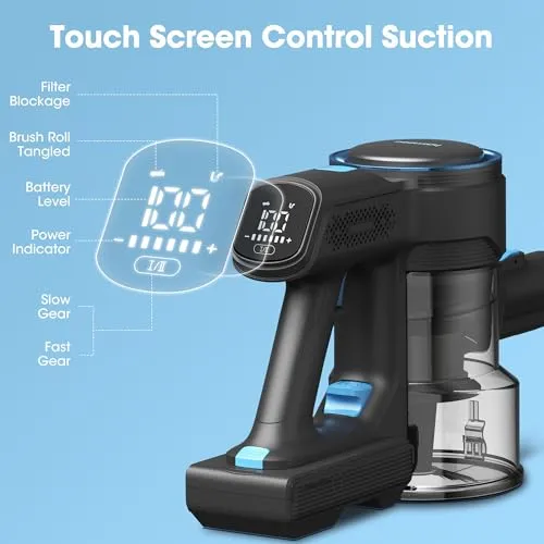 HAIMEEC Cordless Vacuum Cleaner, 6 in 1 Lightweight Stick Vacuum with LED Touch Display, Rechargeable Max 45mins Runtime for