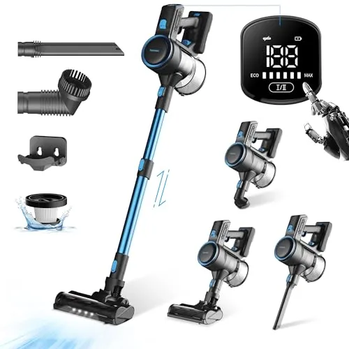 HAIMEEC Cordless Vacuum Cleaner, 6 in 1 Lightweight Stick Vacuum with LED Touch Display, Rechargeable Max 45mins Runtime for