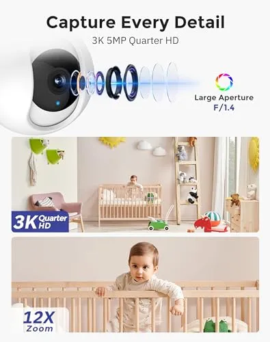 Hugolog 3K 5MP Indoor Pan/Tilt Security Camera, AI Sound Processing Ideal for Baby Monitor/Pet Camera/Home Security with