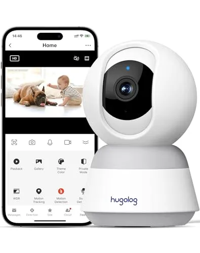 Hugolog 3K 5MP Indoor Pan/Tilt Security Camera, AI Sound Processing Ideal for Baby Monitor/Pet Camera/Home Security with