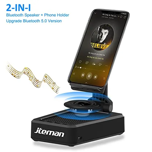 JTEMAN Cell Phone Stand with Wireless Bluetooth Speaker and Anti-Slip Base HD Surround Sound Perfect for Home and Outdoors