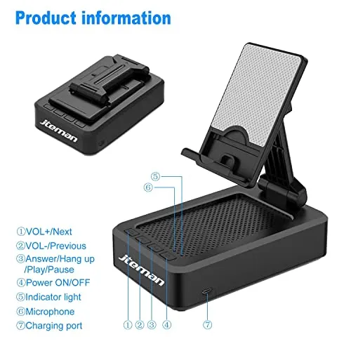 JTEMAN Cell Phone Stand with Wireless Bluetooth Speaker and Anti-Slip Base HD Surround Sound Perfect for Home and Outdoors