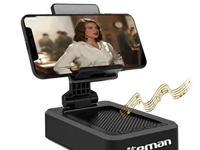 JTEMAN Cell Phone Stand with Wireless Bluetooth Speaker and Anti-Slip Base HD Surround Sound Perfect for Home and Outdoors