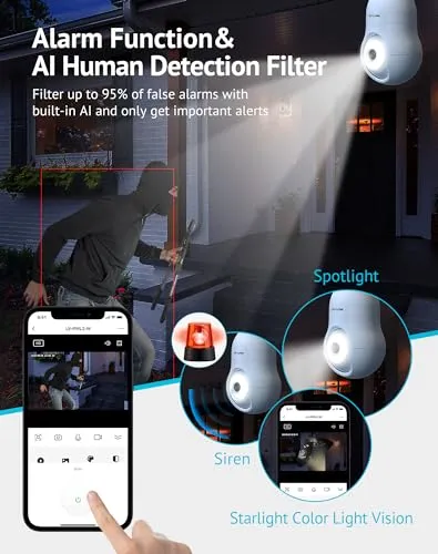 LaView 4MP Bulb Security Camera 2.4GHz,360° 2K Security Cameras Wireless Outdoor Indoor Full Color Day and Night, Motion