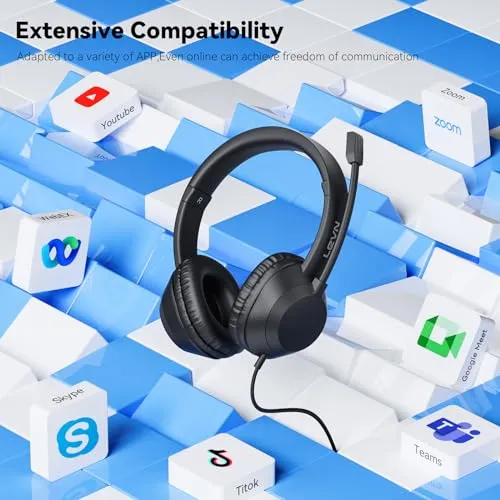 LEVN Headset with Mic, USB Headset with Microphone, Computer Headset with Noise Cancelling Microphone for Laptop PC, Mute