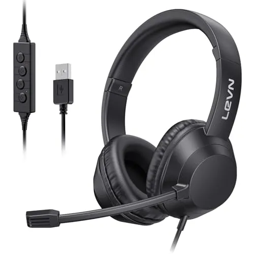LEVN Headset with Mic, USB Headset with Microphone, Computer Headset with Noise Cancelling Microphone for Laptop PC, Mute
