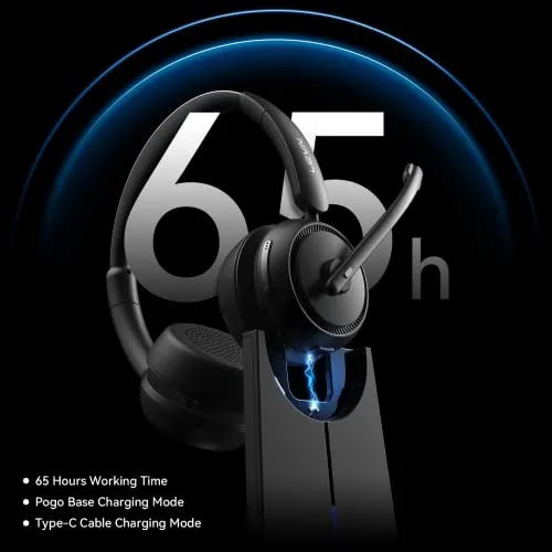 LEVN Wireless Headset, Bluetooth Headset with Noise Canceling Microphone & Charging Base, 65 Hrs Working Time 2.4G Headset