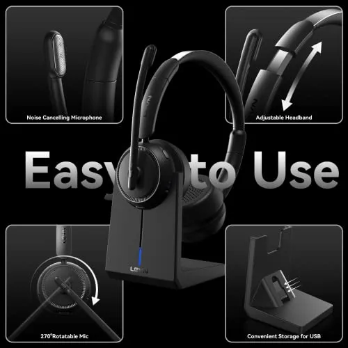 LEVN Wireless Headset, Bluetooth Headset with Noise Canceling Microphone & Charging Base, 65 Hrs Working Time 2.4G Headset
