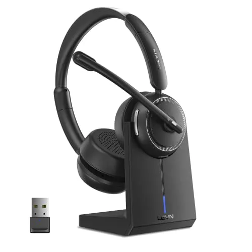 LEVN Wireless Headset, Bluetooth Headset with Noise Canceling Microphone & Charging Base, 65 Hrs Working Time 2.4G Headset
