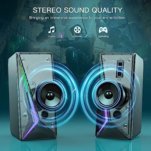 LLEVTIC Computer Speakers, Desktop Speakers with 6 Colorful RGB Lights, Volume Control Stereo Bass PC Speakers, USB Powered