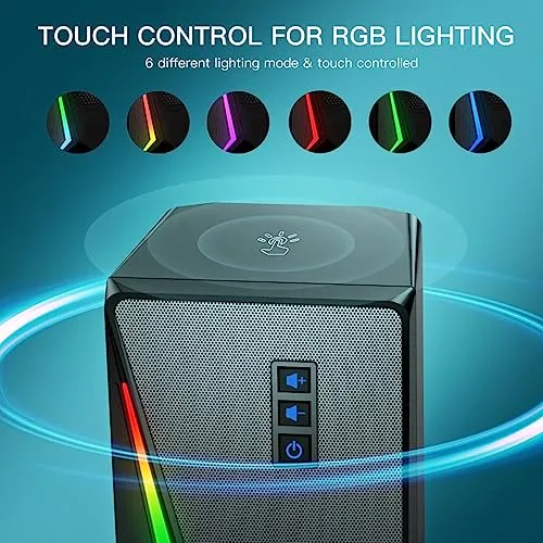 LLEVTIC Computer Speakers, Desktop Speakers with 6 Colorful RGB Lights, Volume Control Stereo Bass PC Speakers, USB Powered