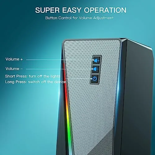 LLEVTIC Computer Speakers, Desktop Speakers with 6 Colorful RGB Lights, Volume Control Stereo Bass PC Speakers, USB Powered