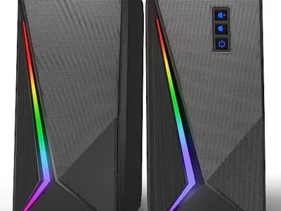 LLEVTIC Computer Speakers, Desktop Speakers with 6 Colorful RGB Lights, Volume Control Stereo Bass PC Speakers, USB Powered