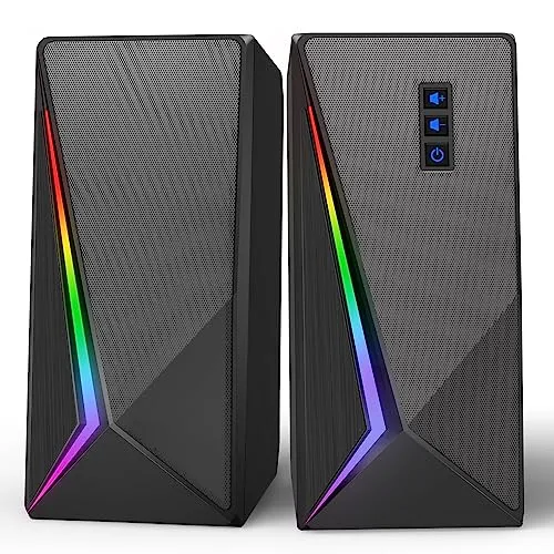 LLEVTIC Computer Speakers, Desktop Speakers with 6 Colorful RGB Lights, Volume Control Stereo Bass PC Speakers, USB Powered