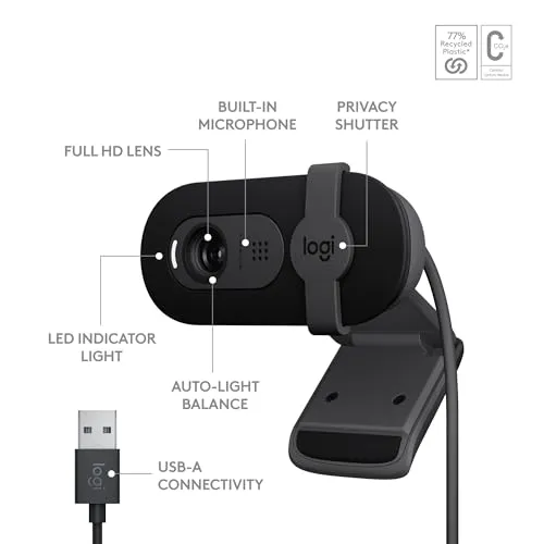 Logitech Brio 101 Full HD 1080p Webcam Made for Meetings and Works for Streaming — Auto-Light Balance, Built-in Mic, Privacy