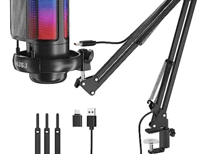 NJSJ USB Gaming Microphone for PC, Condenser Mic with Boom Arm for PS4/ PS5/ Mac/Phone with Touch Mute, RGB Lighting,Gain