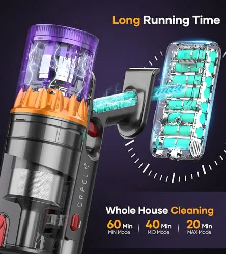ORFELD Cordless Vacuum Cleaner, 40Kpa/500W Stick Vacuum with Smart Display, Up to 60Mins Runtime Vacuum Cleaner for Home,