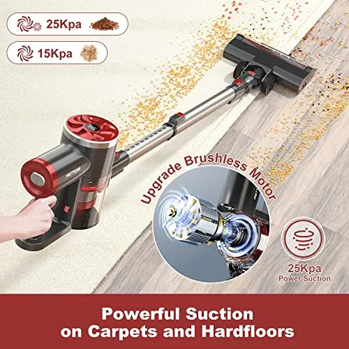 PRETTYCARE Cordless Vacuum Cleaner, Self-Standing, 25Kpa Powerful Suction Stick Vacuum with Smart LED Display, 40Min Long