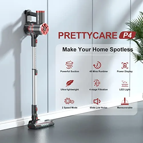 PRETTYCARE Cordless Vacuum Cleaner, Self-Standing, 25Kpa Powerful Suction Stick Vacuum with Smart LED Display, 40Min Long