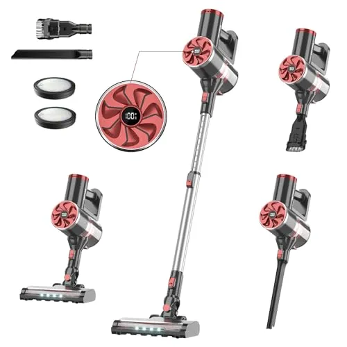 PRETTYCARE Cordless Vacuum Cleaner, Self-Standing, 25Kpa Powerful Suction Stick Vacuum with Smart LED Display, 40Min Long