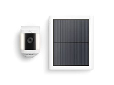 Ring Spotlight Cam Plus, Solar | Two-Way Talk, Color Night Vision, and Security Siren (2022 release) - White security camera