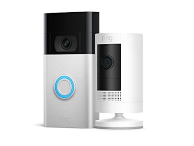 Ring Video Doorbell, Satin Nickel bundle with Ring Stick Up Cam Battery, White security camera