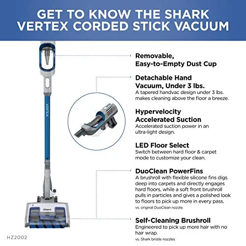Shark HZ2002 Vertex Ultralight Corded Stick DuoClean PowerFins & Self-Cleaning Brushroll, Perfect for Pets, Removable Hand