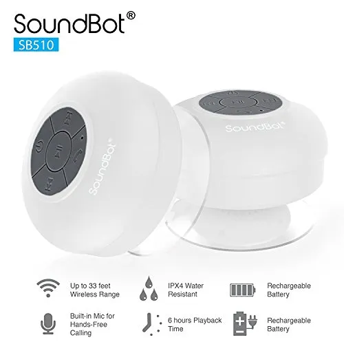 Soundbot SB510 HD Water Resistant Bluetooth Shower Speaker, Handsfree Portable Speakerphone with Built-in Mic, 6hrs of
