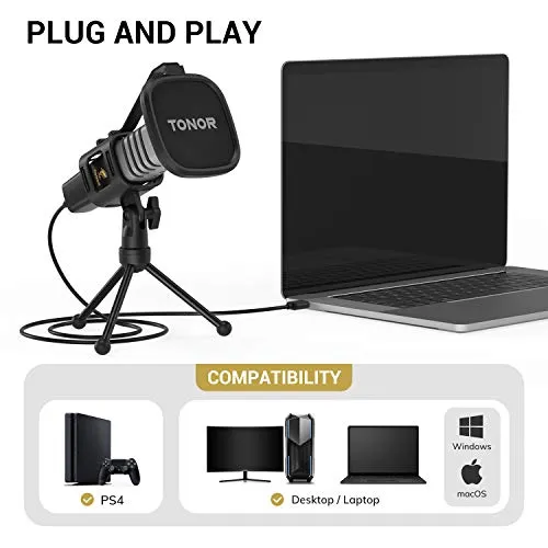 TONOR USB Microphone, Cardioid Condenser Mic with Tripod Stand, Pop Filter, Shock Mount, Compatible with Windows, MacOS,