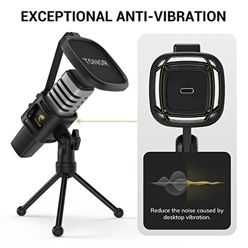 TONOR USB Microphone, Cardioid Condenser Mic with Tripod Stand, Pop Filter, Shock Mount, Compatible with Windows, MacOS,