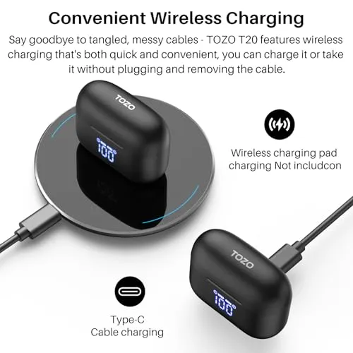 TOZO T20 Wireless Earbuds Bluetooth Headphones 48.5 Hrs Playtime with LED Digital Display, IPX8 Waterproof, Dual Mic Call