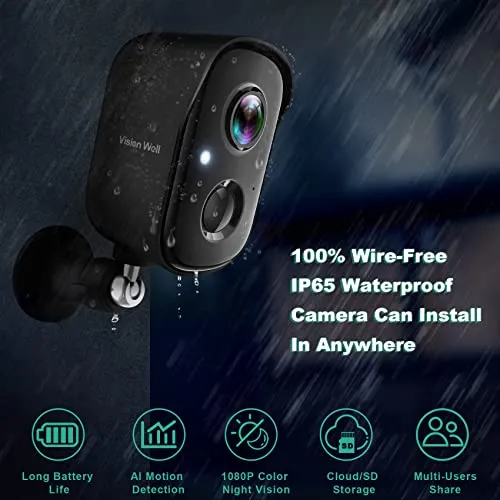 VISION WELL Security Cameras Wireless Outdoor, 1080P Battery Powered AI Motion Detection Spotlight Siren Alarm WiFi