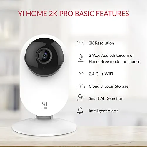 YI Pro 2K Home Security Camera, 2.4Ghz Indoor Camera with Person, Vehicle, Animal Smart Detection, Phone App for Baby, Pet,