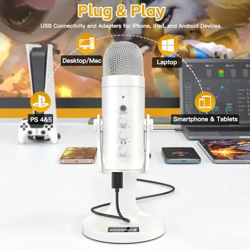 ZealSound USB Microphone,Quick Mute Noise Cancel for Phone Computer PC PS5,Gaming Microphone with Gain Control,Echo Monitor