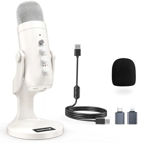 ZealSound USB Microphone,Quick Mute Noise Cancel for Phone Computer PC PS5,Gaming Microphone with Gain Control,Echo Monitor